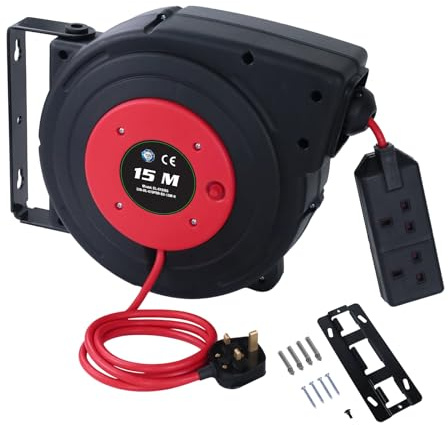 EnergyPro 15 Metre Automatic Retractable Extension Cable Reel with UK BS1363 Plug, 2300W 230V, Overload Protection, Mountable for Garden, Workshop and Home Use