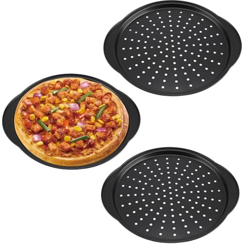 CHUENHEI Lot de 3 plaques à pizza rondes de 32 cm - En acier au carbone perforé - Noir - Revêtement antiadhésif - Pour four, cuisine