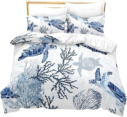 richhome Crustacé Parure de Lit Bleu Blanc Housse de Couette 200x200cm Vie Marine Animaux Marins Impression Ensemble de literie Microfibre Douce Polyester Literie Set