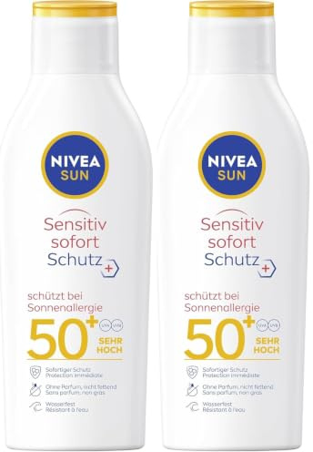 NIVEA SUN Sensitiv Sofortschutz Sonnenlotion LSF 50+, Sonnencreme mit LSF 50+ für empfindliche Haut, wasserfester & duftfreier Sonnenschutz bei Sonnenallergie (200 ml) (Packung mit 2)