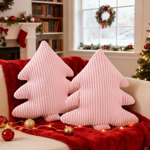 Lanpn 2 Stück Weihnachtsbaum Kissen Weihnachtskissen, Schmale Streifen Weihnachts Kissen Dekokissen Flauschiges Zierkissen für Party Bett Sofa Couch Innenbereich Weihnachtsdeko (Rosa, 45,5x41cm)