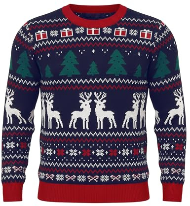 Litherday Suéter de Navidad para Hombre Jersey de Punto Cálido de Invierno con Cuello Redondo y Motivos de Reno y Árbol de Navidad para Fiestas Navideñas