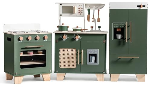 ROBUD Wooden Play Kitchen 3-Piece Set, Toy Kitchen & Toy Fridge & Toy Oven with Kitchenware & Accessories, Kids Realistic Pretend Cooking Set, Toys Gifts for Girls Boys Age 3+, Vintage Green