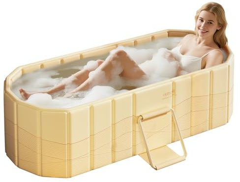 HLCZLUZ Portable Foldable Bathtub, Freestanding Bathtub No Installation, Bathroom SPA Soaking Bath Tub, Shower Stall Collapsible Hot & Ice Bath for Indoor Outdoor (Beige, 59L x 21.6W x 19.6H)