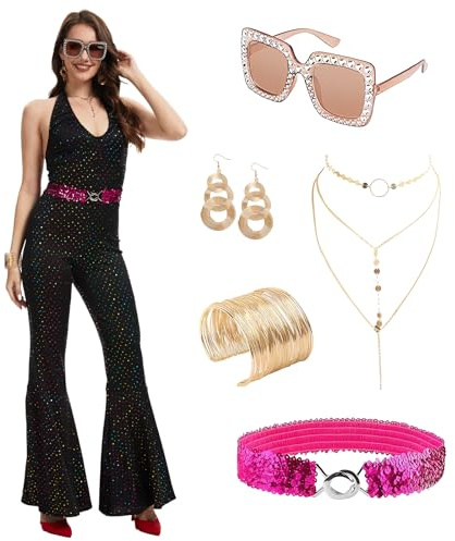 JDFAIJEAL 70er 80er Retro Disco Overall für Damen mit Pailletten,Schlaghose | Glänzendes Retro Party Kostüm für Erwachsene;Geeignet für Festival,Halloween,Karneval,70er 80er Retro Party Outfit