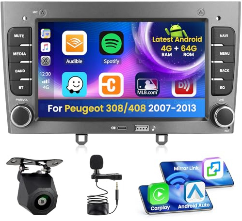 Inefala Android 15 bilradio för Peugeot 308/408 2007-2013 4+64G med trådlös CarPlay Android Auto, 7-tums skärm med stöd för FM RDS 32EQ GPS Bluetooth WiFi SWC AHD backkamera