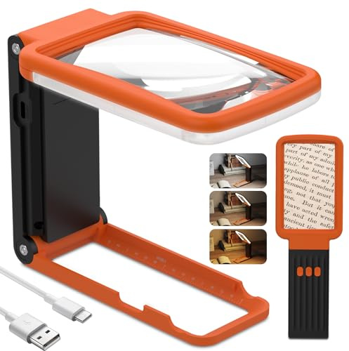 Coteck 15X Lupe mit Licht und Ständer, Echtglaslinse Leselupe, Wiederaufladbare, Faltbare Große Handlupe, 3 Farbmodi Dimmbare, Beleuchtete Seitenlupe für Senioren, Juwelier - Orange Schwarz