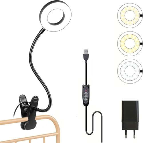 Foneso Lampe à pince, Lampe de lecture LED gradable 48 LED pour lit, 3 modes et 10 niveaux de gradation, Lampe USB flexible à 360° pour lecture, voyage(Noir, avec chargeur USB monoporte 5V/2A)