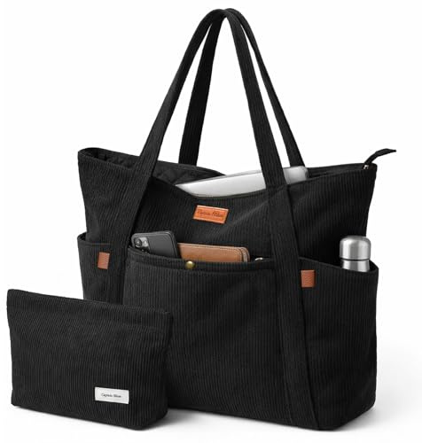 Captain Blues Tote Bag for Women with Zip, Large Capacity Work Bag with Compartments & Pockets, Soft Cotton Lining, for College, Teacher, Uni, School, Travel, Shopping (Black)