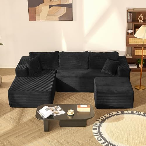 Litbird U-förmiges modulares Ecksofa 272 cm mit Schlaffunktion, rahmenloses Oversize Schlafsofa mit Chaiselongue Links, extra Tiefe Sitzfläche, montagefrei – für Wohnzimmer & Schlafzimmer,Schwarz