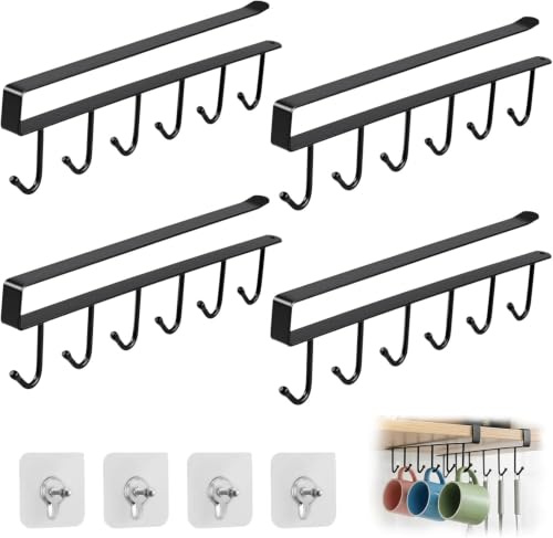 Dexpally Lot de 4 Porte-Tasses,Suspendu Support Tasses Sans Perçage Cintre de Tasse de Cuisine avec Crochets Adhésifs pour Tasse, Verres à Vin, Cuillère(Noir)
