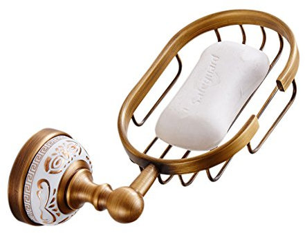Weare Home Seifenkorb aus Messing Antik Vintage Retro Design für Badezimmer Dusche Küche Bohren Wandhalterung Wandmontag mit Keramik und Gold Muster am Boden