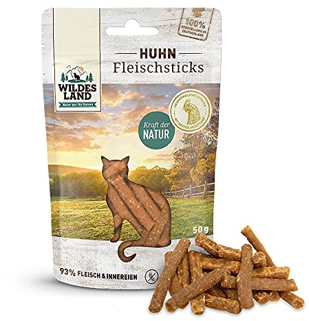WILDES LAND – Fleischsticks Huhn | Katzensnack mit natürlichen Zutaten und extra hohem Fleischanteil für ausgewachsene Katzen. Getreidefreier Snack ohne Zusatzstoffe im Beutel | 9x50g Huhn