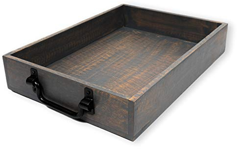 GoCraft Handgefertigtes Holztablett mit Metallgriffen - 38,1 x 27,9 x 6,3 cm dekoratives Serviertablett in grau gewaschenem Finish - Vielseitiges Tablett für Frühstück im Bett, Mittagessen, Abendessen