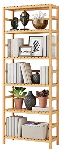 Bamjoy Bamboo Shelf, 6 Tier Bookcase Storage Shelves, Tall Book Rack Shelving Unit, Multipurpose Storage Display Shelf Adjustable Storage Rack for Bathroom Home Office Living Room Kitchen, Natural