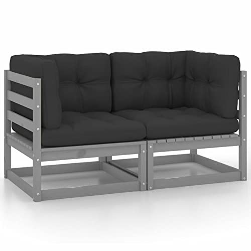 Goliraya Gartensofa 2-Sitzer mit Kissen Garten Palettensofa Gartenbank Gartenmöbel Lounge 2-Sitzer Sofa Lounge Loungesofa Garten Lounge Set Grau Massivholz Kiefer