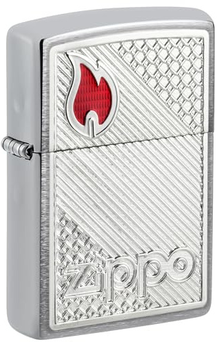 Zippo - Briquet Tempête Logo Rouge Et Motifs À Carreaux, Chrome Brossé, Impression Emblem, Rechargeable, Réutilisable, Coupe-Vent, Coffret Cadeau, Fabriqué Aux États-Unis