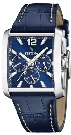 FESTINA Reloj Hombre Analógico de Cuero Azul - Movimiento de Cuarzo - Cronógrafo - Cristal Mineral de Alta Resistencia - Resistente al Agua 5 ATM Elegante F20636/2 On The Square