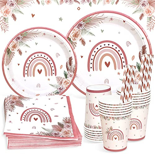 Heboland Vaisselle Décoration Anniversaire Arc-en-Ciel pour 25 Invités - 125 Pièces Boho, Assiettes, Serviettes, Tasses, Pailles pour Fille