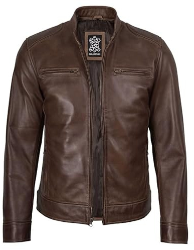 Decrum Biker Leather Jackets for Men - Real Lambskin Leather | (N2) [1116064] Ddge Chocolate Brown, L
