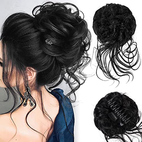 Haarteil Mit Gummiband,Groß Dutt Haarteil Gelockt Haargummi Haaren Hochsteckfrisuren Haarverlängerung Messy Bun Haarteile with Braids, Brautfrisuren Voluminös Gelockt Unordentlich Dutt, 45g, Schwarz