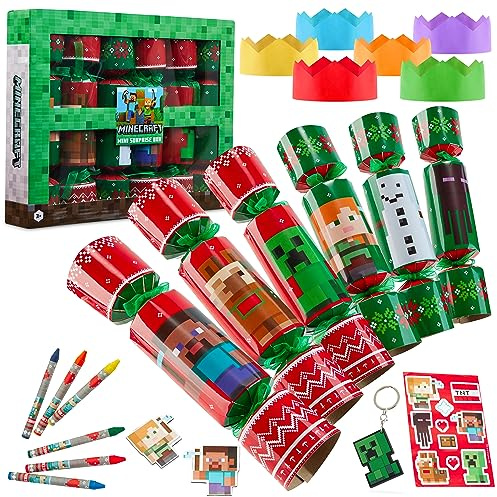 Minecraft Christmas Crackers Pack of 6 Creeper Crackers for Kids with Gifts Keychain Crayons Stickers Gamer Gifts, Green