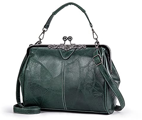 Damen Retro Handtasche, Frauen PU Leder Geldbörse Vintage Top Griff Tasche Kiss Lock Handtaschen Crossbody Schultertaschen (Grün)