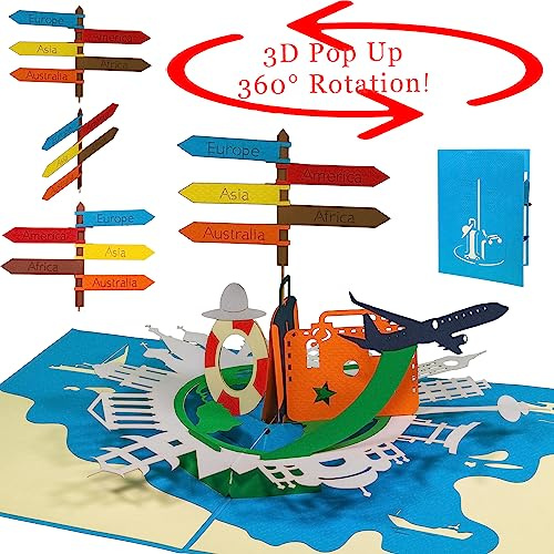 Pop-Up Karte Reise – 3D Urlaub Gutschein Grußkarte, N112 | Weltkugel, Reisegutschein, rotierend, Papierkunst, aufklappbar, Flugzeug, Abschied, Fernweh