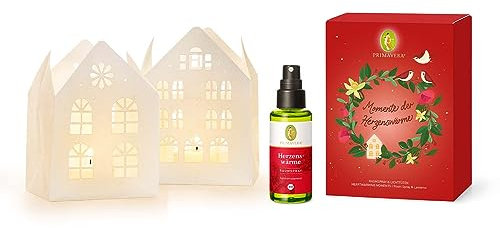 PRIMAVERA Coffret cadeau Hezenswärme - Herzenswärme - Spray d'ambiance bio et 2 sachets lumineux - Rose, vanille, bois de santal - Huile aromatique, aromathérapie - Végétalien