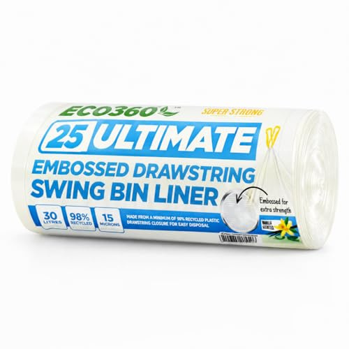 EcoBag - 25 Pack Vanilla Scented Ultimate Embossed Kitchen Drawstring Pedal Bin Liners - 30L - 15 Microns - 98% Recycled, Eco-Friendly, Hassle-Free Waste Disposal (510 x 600mm)