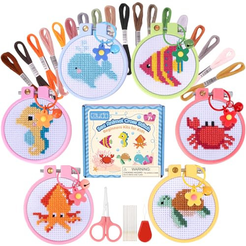 Caydo 6 Pezzi Kit di Punto Croce con Animali Marini per Bambini con Tessuto Aida Stampato, Cerchi per Ricamo, Portachiavi, Strumenti per Ricamo per Principianti Fai-da-te Ornamento Artigianale
