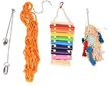 4 Pezzi di Giocattoli di Pollo, Borsa a Rete Per Xilofono Per Uccelli, Supporto da Appendere, Altalena, Mangiatoia Per Frutta E Verdura, Per Pappagalli di Pollo, Anatra, Ara