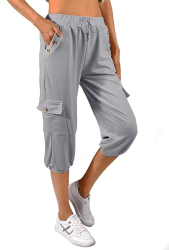 TOMEEK capribyxor, dam, joggingbyxor, 3/4 sportbyxor, byxor, byxor, sommar, fritidsbyxor, sweatbyxor, shorts, enfärgade, säckig, dragsko, midja, yogabyxor, träningsbyxor med sidofickor, GRÅ, XXL