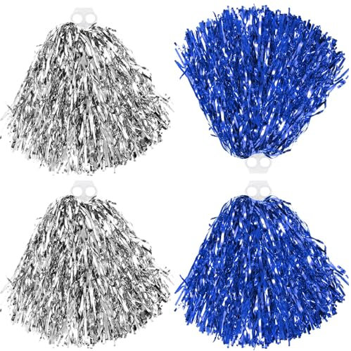 Thenshop Cheerleading-Pompons, 4 Stück, Cheerleader Squad, lustige Pompons, Handblumen, Metallfolie, Pompons für Kinder, Erwachsene, Sport-Team, Geist, Cheering-Party, Blau, Silber