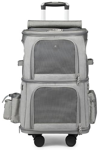 Pucaru Haustiertransportbox mit Zwei Fächern, Trolley-Tasche, Tragbare Katzentransportbox mit Rädern, für Reisen, Camping, Entworfen für Hunde und Katzen (Color : Gris)