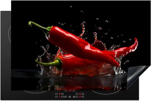 KitchenYeah© Herdabdeckplatte Einteilig Ceranfeld Abdeckplatte Küche Deko | 81x52 cm - Ceranfeldabdeckung Herdabdeckung Induktionsmatte Paprika - Rot - Schwarz - Wasser - Gemüse
