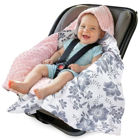 Medi Partners Einschlagdecke für Babyschale Ganzjahres-Babydecke universal 85 x 85 cm für Kinderwagen Buggy und Autositz Kuscheldecke (Berry mit rosa Minky)