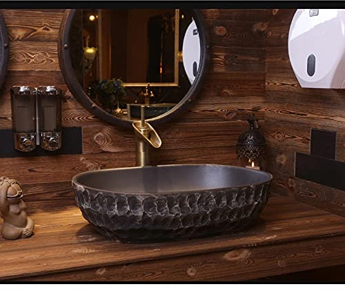 Lavabo da Appoggio Pattern di pietra Retro Art Nave □ Lavello Bagno Vanity, Lavello da bagno in ceramica ovale Spavello in stile cinese Antico Lavello creativo antico (non include rubinetto) Lavandino