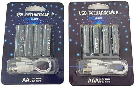 Tipo C USB Pack 8 batterie ricaricabili NI-ZN: 4 Pack AA 1,6 V 1800 mWh + 4 Pack AAA 1,6 V 500 mWh, uscita costante e ricarica sicura Include 2 cavo USB tipo C (8 unità e due caricabatterie)