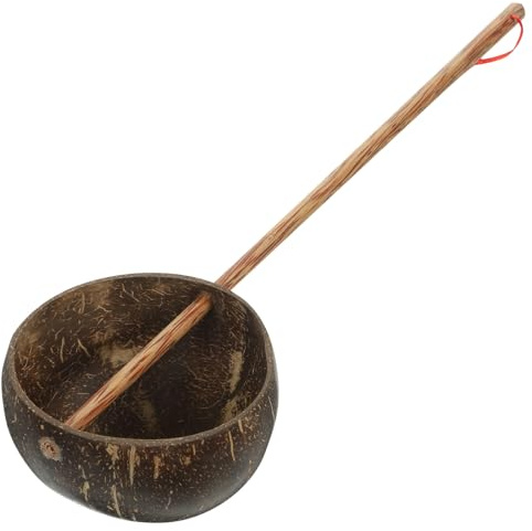 HOLIDYOYO Coconuts Shell Water Ladle, Long Handle Spoon Bath Water Hair Washing Scoop Water Dipper Cup Thailand Style Kitchen Utensils for Bathroom Garden Spa Tea House