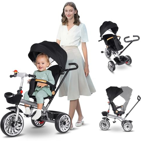 Vinteky Baby Dreirad, Explorer Dreirad 6 in 1, zur Draisine erweiterbar, für Kleinkinder von 6 Monaten bis 5 Jahren, Baby Trike, Große Korbtasche, Becherhalter, Faltbar, Leicht Zusammenklappbar