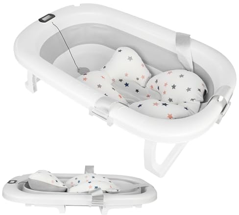 Faltbare Babybadewanne mit rutschfestem Baby Badekissen/Badewanne XXL mit Thermometer zur Kontrolle der Wassertemperatur,Ab Geburt bis 2 Jahre,mit Badewannen Stützkissen Sitzmatte