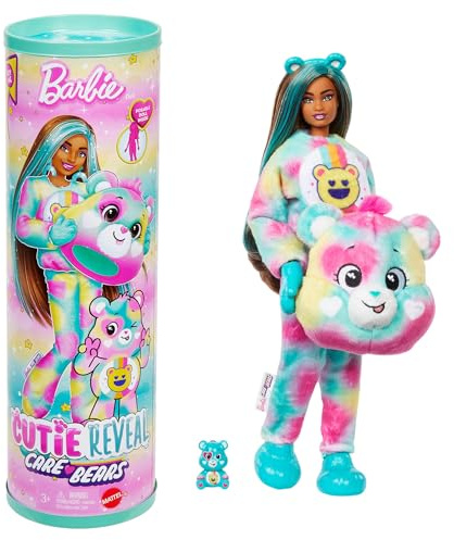 Barbie Cutie Reveal Care Bears-docka och tillbehör, serie 2, Good Vibes Bear med 10 överraskningar, däribland färgförändring och minibjörn, JFV62