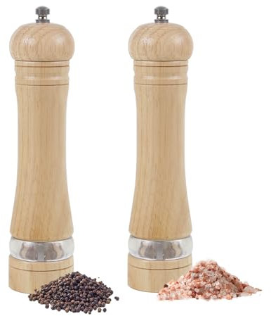 ManGotree Molinillo de Pimienta y Sal de Madera Hecho a Mano - Mecanismo Cerámico Ajustable con Ventana Acrílico, Diseño Elegante para Cocina Premium (8.5 pulg, Natural + Natural)