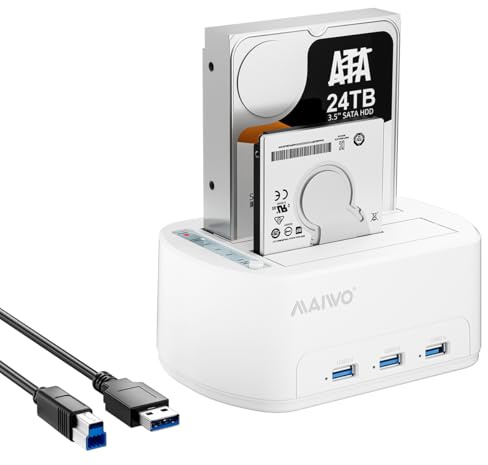 MAIWO Dual Bay Hard Drive Docking Station with Offline Clone for 2.5 3.5 Inch SATA HDD SSD, 3X USB 3.0 Hub Extension, 48TB Capacity, External Hard Drive Duplicator Cloner, White