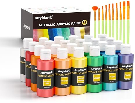 AnyMark Metallic Acrylfarbe, 24 Farben Acrylfarben-Set | Ungiftige Malutensilien für Leinwand, Stein, Holz, Keramik, 2 fl oz/60 ml Flaschen, 10 Pinsel