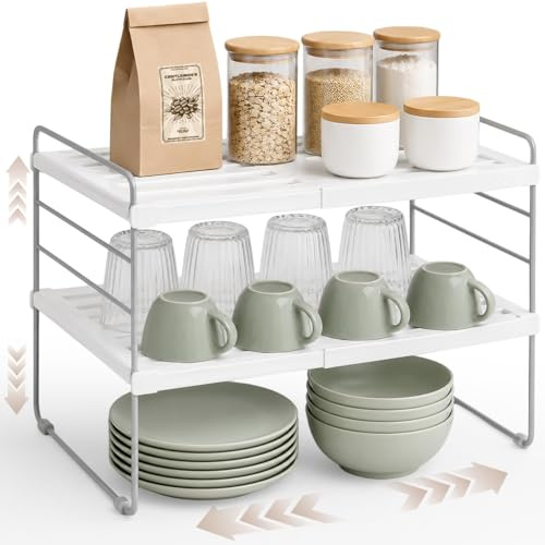 mepure Adjustable Cupboard Organiser & Spice Rack, 26–41 cm Wide, 26cm High | Tool-Free Assembly, Rust-Resistant Metal, Anti-Slip Feet, Holds Spices, Plates & Bottles, For Cupboards, Worktops & Pantries