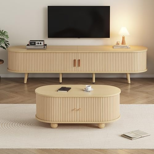 boorbin Wohnzimmer-TV-Schrank mit Stauraum + Couchtisch-Kombination, ovale Kombination in Originalholzfarbe, MDF (Holzfarbe, 175 * 40 * 42+100 * 50 * 40CM)