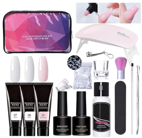 Kit de uñas de gel de extensión de poli, kit de gel de uñas poly - Gel de uñas poli de 3 colores con capa de capa base - Suministros de manicura profesional para mujeres y niñas