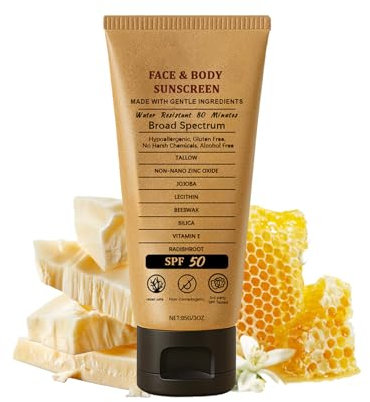 Non Nano Zinc Oxide Tallow Sunscreen - SPF50 Beef Tallow Skin Care - Safest Organic Beef Tallow Moisturiser & Nano Zinc Oxide Sunscreen - Tallow And Honey Balm - Natural Sun Cream UVA/UVB Protection